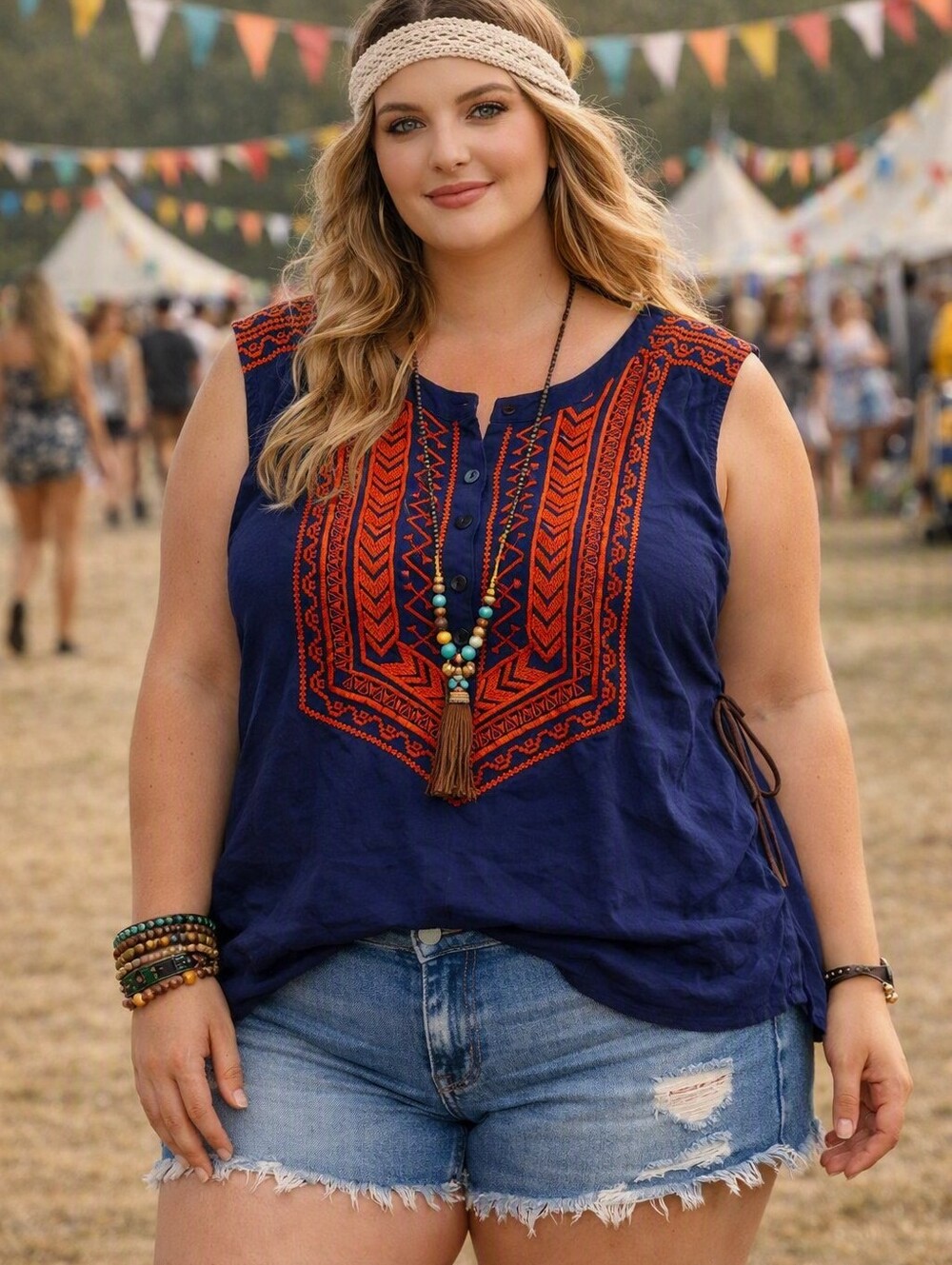 Forever 21 Plus Size 2X Embroidered Navy Tie‑Back Boho Festival Top